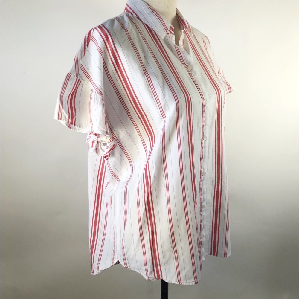 Madewell Red And White Stripe Flutter Sleeve Butt… - image 3